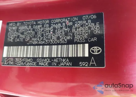 2007 Toyota Camry Le V6 from USA, damaged, VIN JTNBK46K373009363